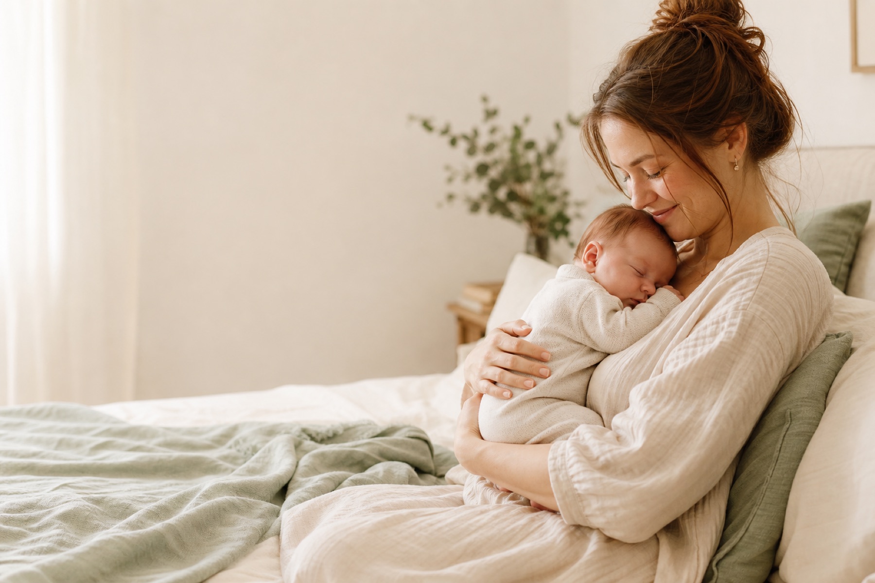 Eine Mutter hält ihr friedlich schlafendes Baby im Arm.