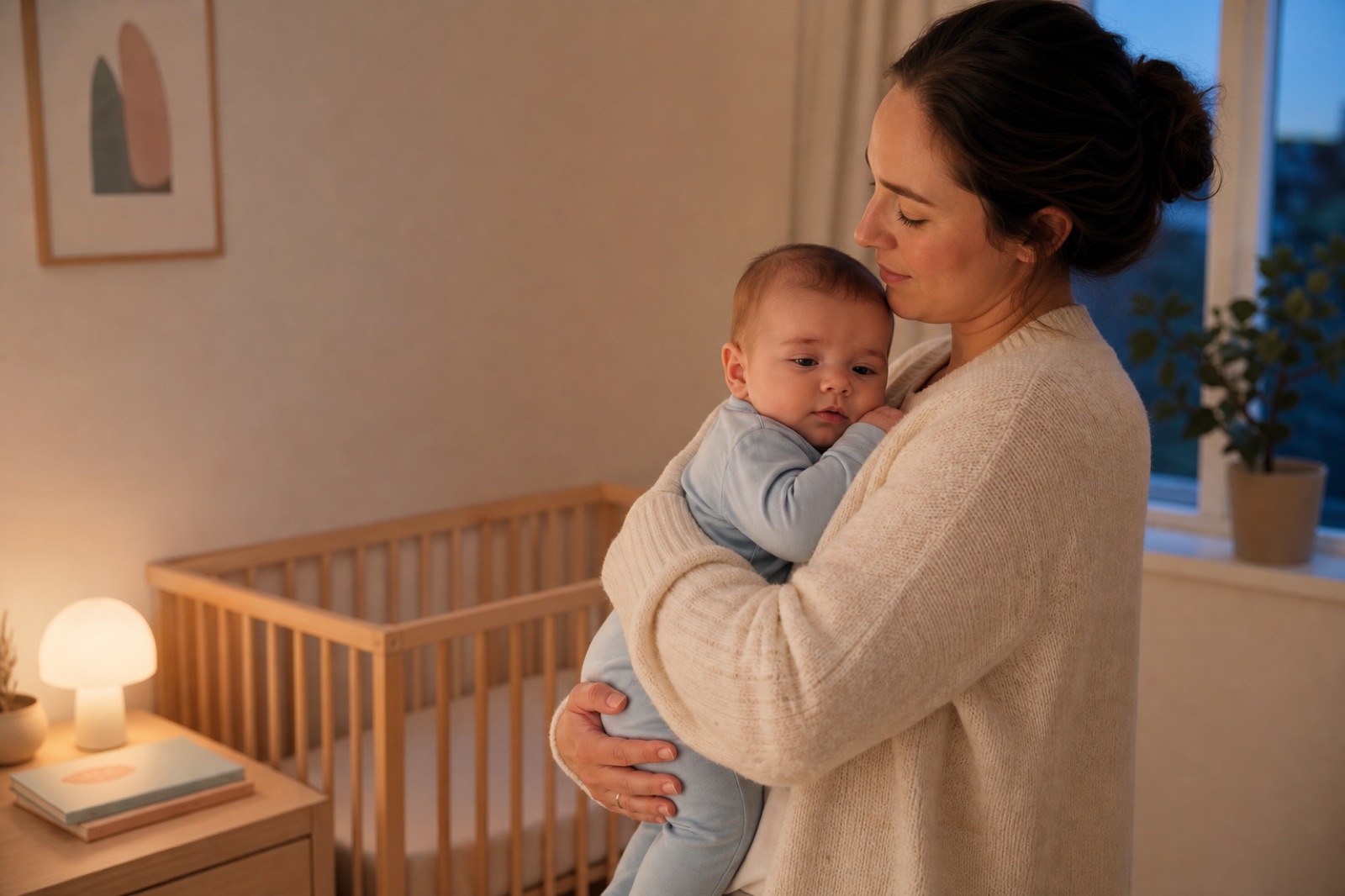 Eine Mutter hält ihr müdes Baby in einem ruhigen, aufgeräumten Kinderzimmer.