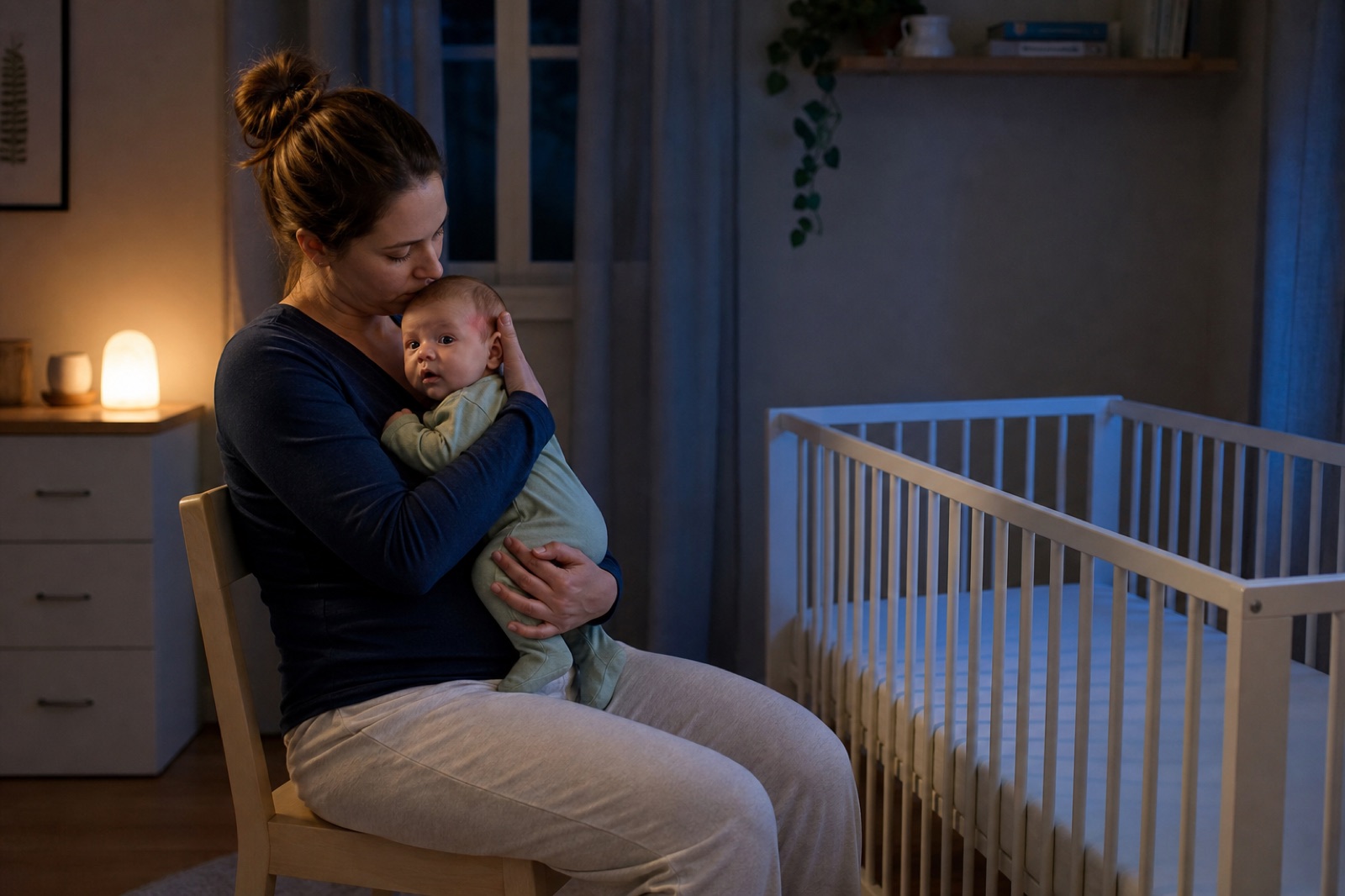 Eine Mutter beruhigt nachts ihr waches Baby neben einem leeren Babybett.