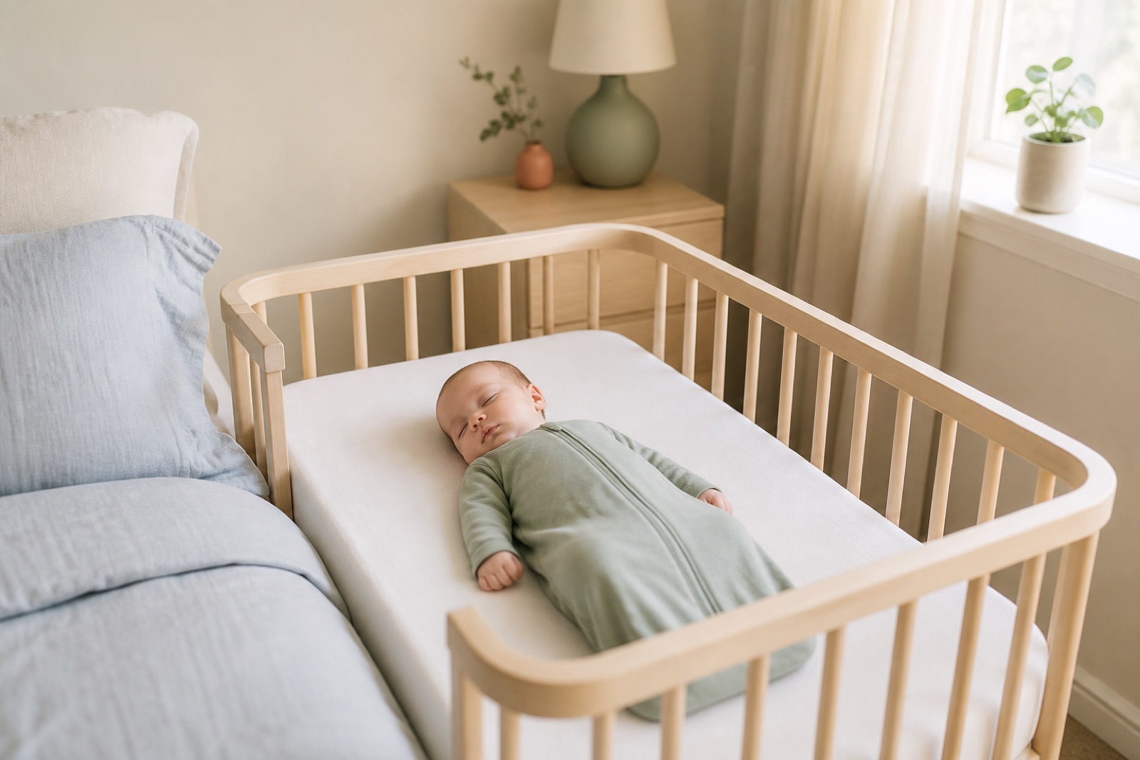 Ein Neugeborenes schläft in Rückenlage in einem leeren Beistellbett.