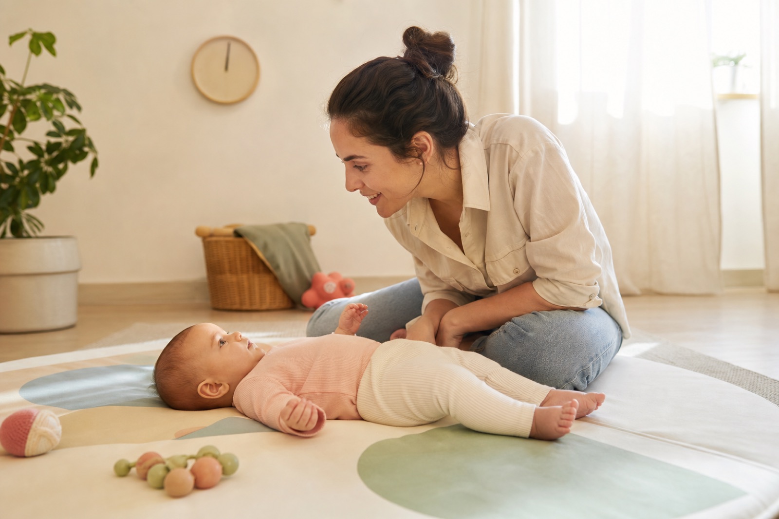 Eine Mutter und ihr waches Baby verbringen gemeinsam Zeit im hellen Morgenlicht.
