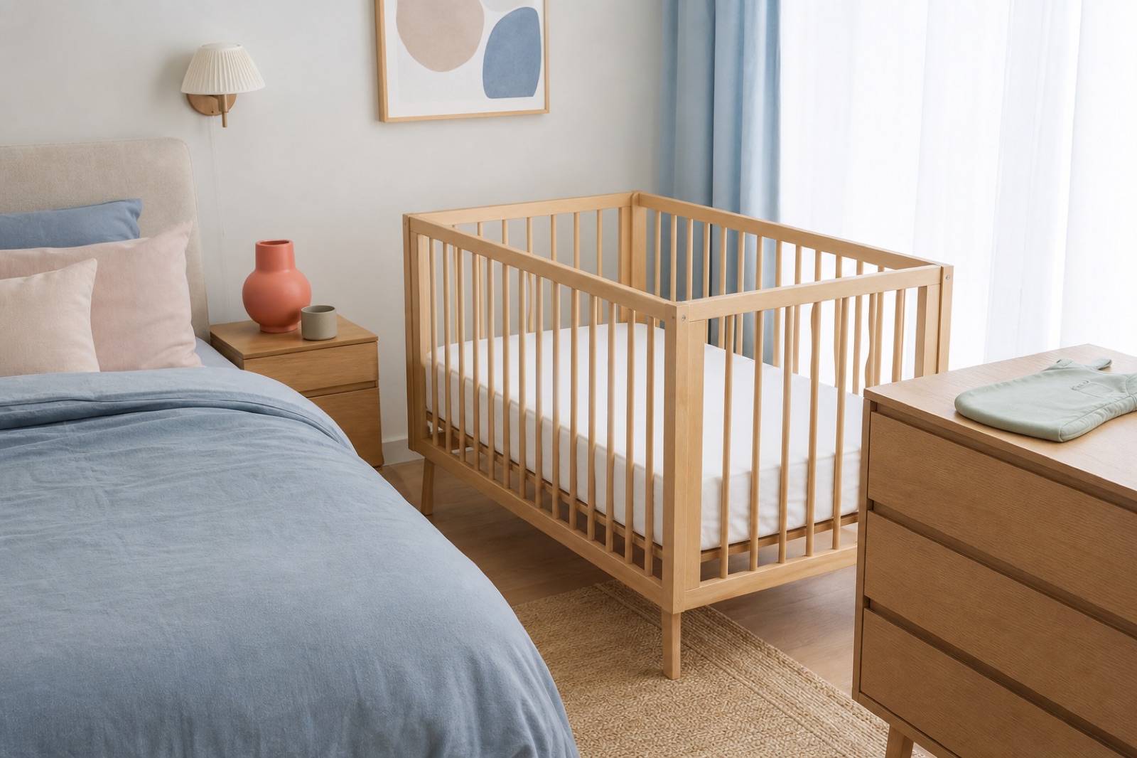 Ein leeres Babybett mit fester Matratze steht separat neben dem Elternbett.